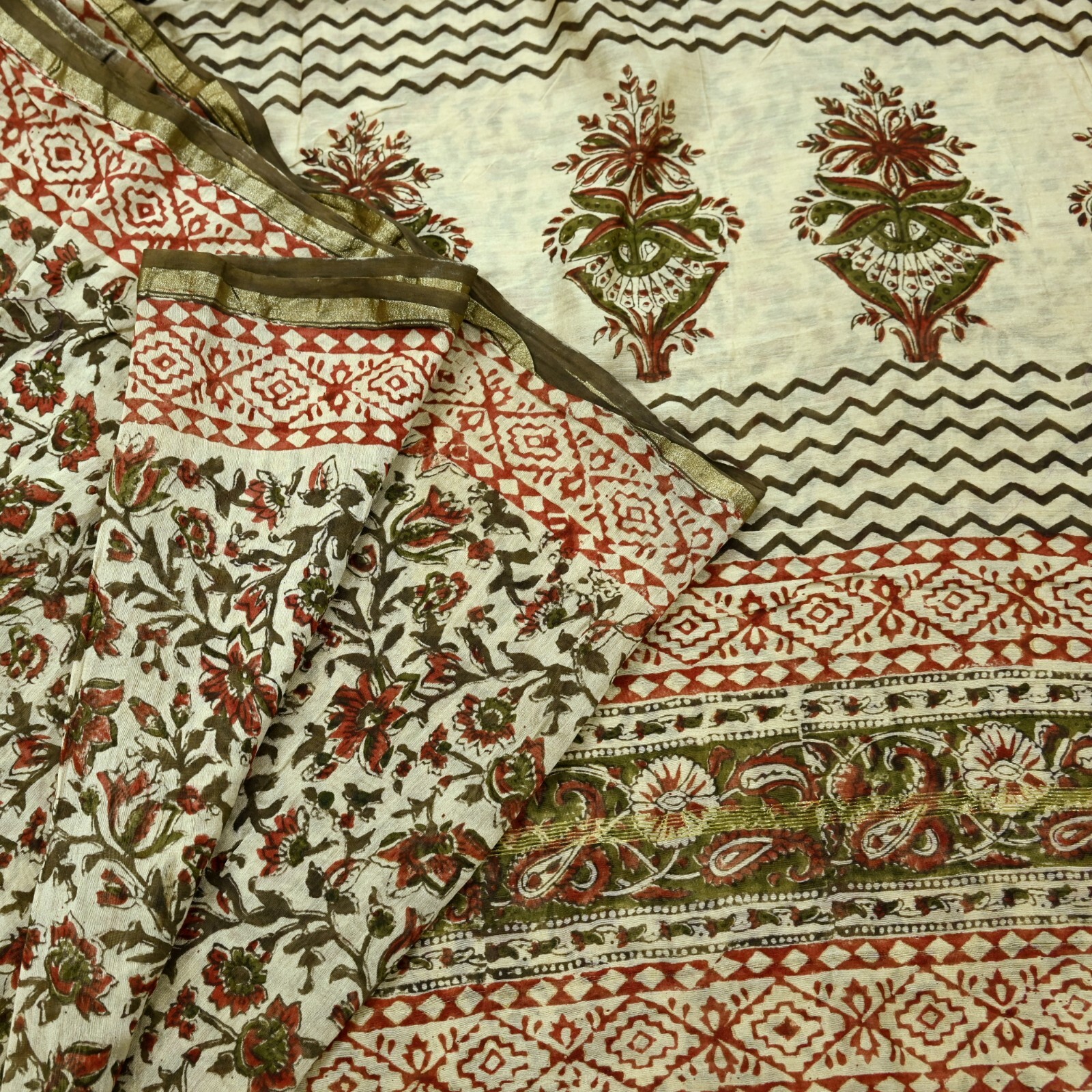 Vintage Sari Beige Block Printed Chanderi Cotton Craft Fabric 5Yd Sewing Zari