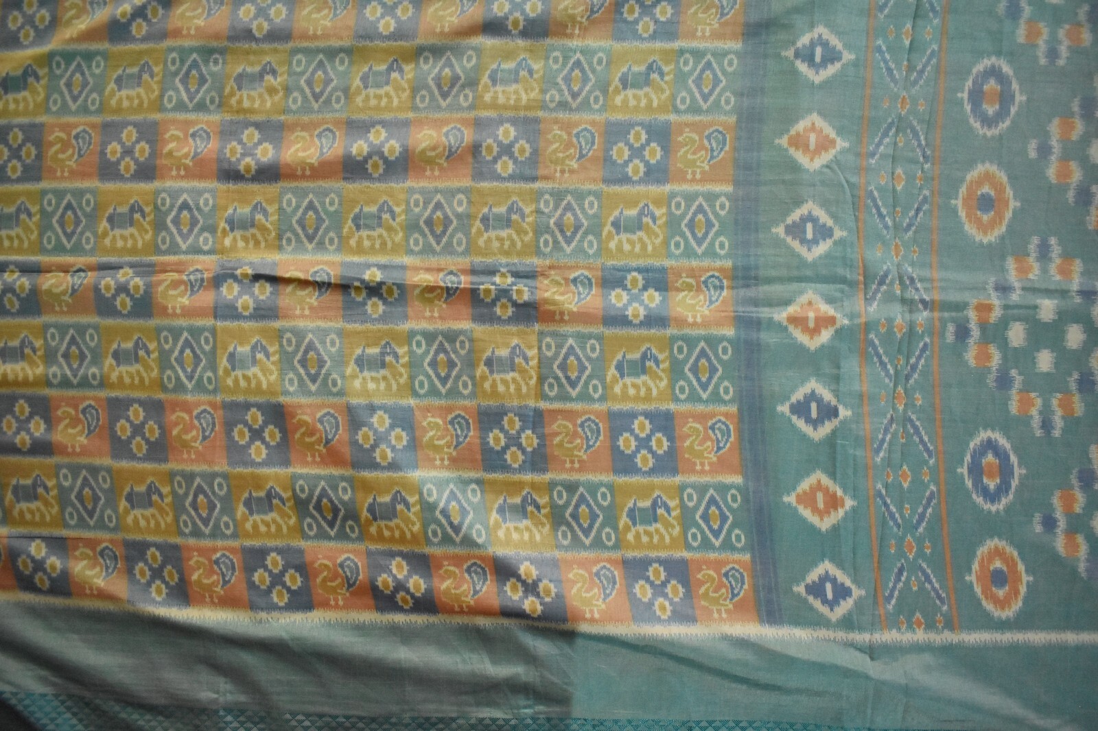 FNC Vintage Green Sambalpuri Ikat Sarees Handwoven Art Silk Sari Fabric Antique