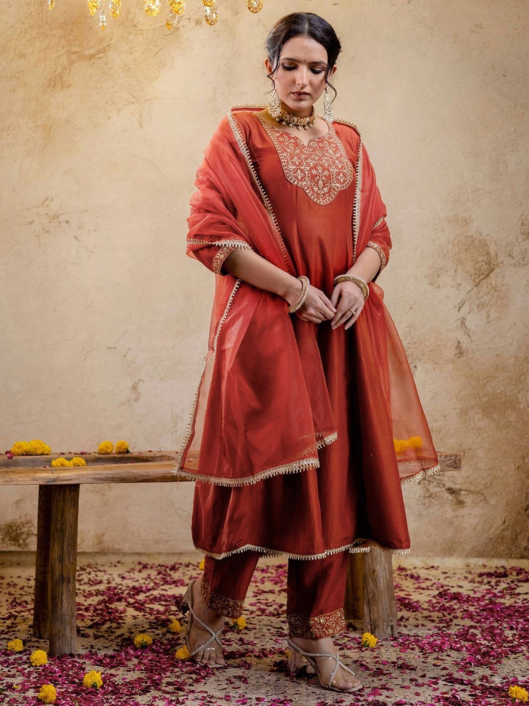 Women Rust Orange Anarkali Kurta Set with Dupatta | Embroidered Ethnic Suit |