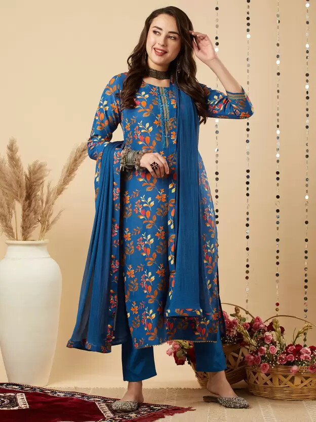Women Designer Kurta Pant Dupatta Set Indian Bollywood Cotton Rayon Tunic Kurti