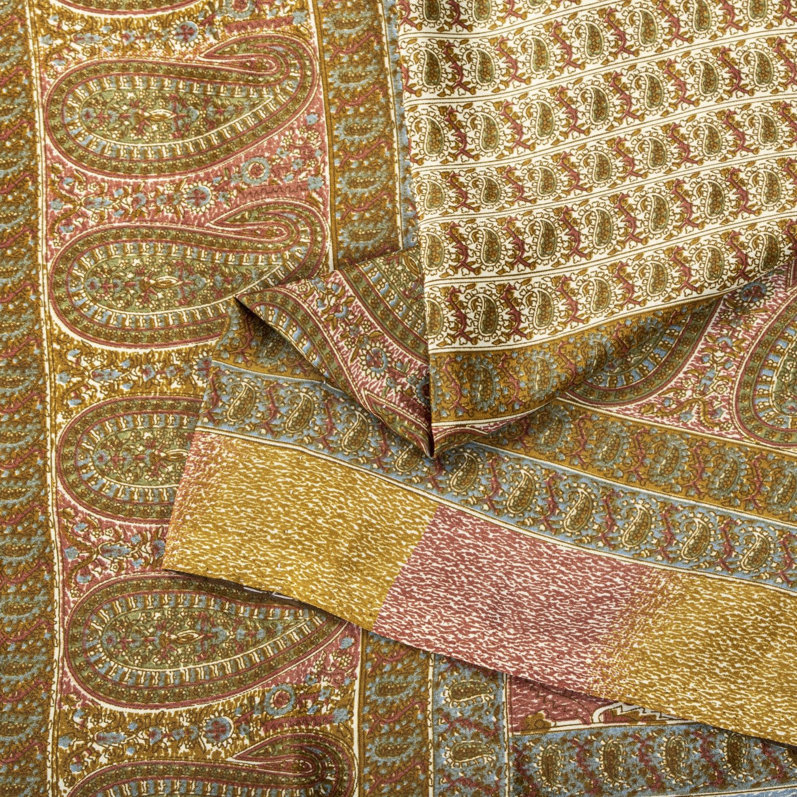 Sanskriti Vintage Cream Soft Moss Crepe Saree Kalamkari Print Sari 5.5Yd Fabric