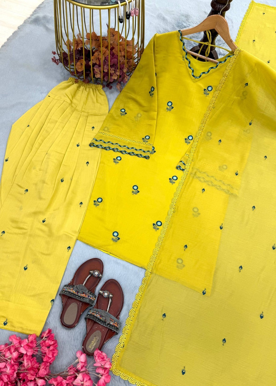 Indian Designer Yellow Chanderi Kurta Pant Dupatta Set Party Ethnic Wear Women
