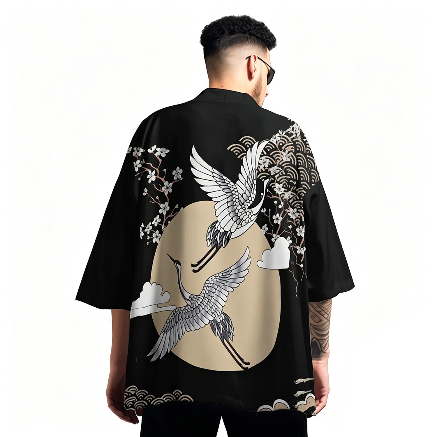 Niepce Men’s Japanese Graphic Lightweight Cranes Paradise Kimono Cardigan Shirt