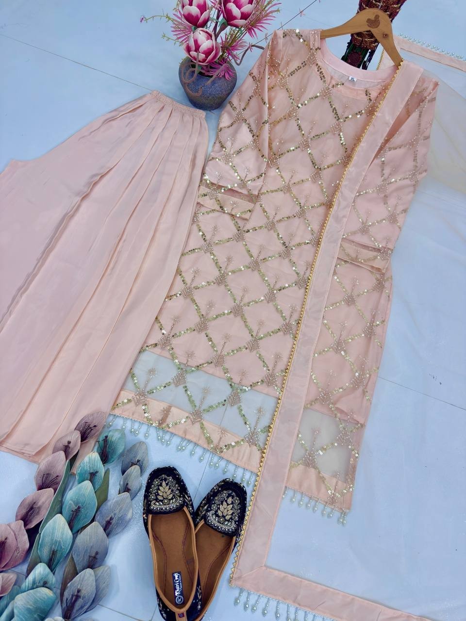 Presenting Soft Net Pink Top Palazzo With Dupatta For Reception Wear