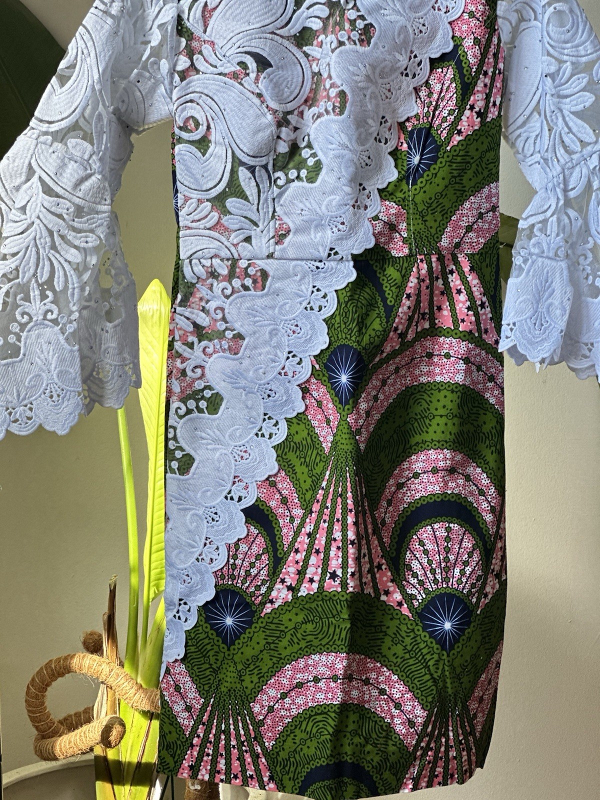 Handmade African Kaftan Dress with White Lace Sleeves Multi-Color for Women M