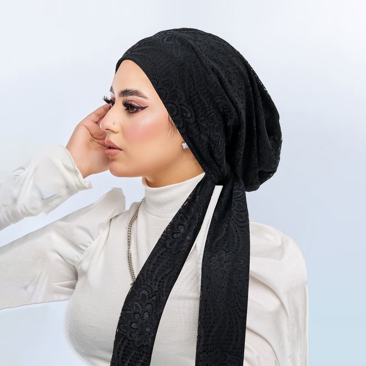 Solid Color Lace Women Turban Cap Elegant Muslim Fashion Strap Hollow Out Scarf