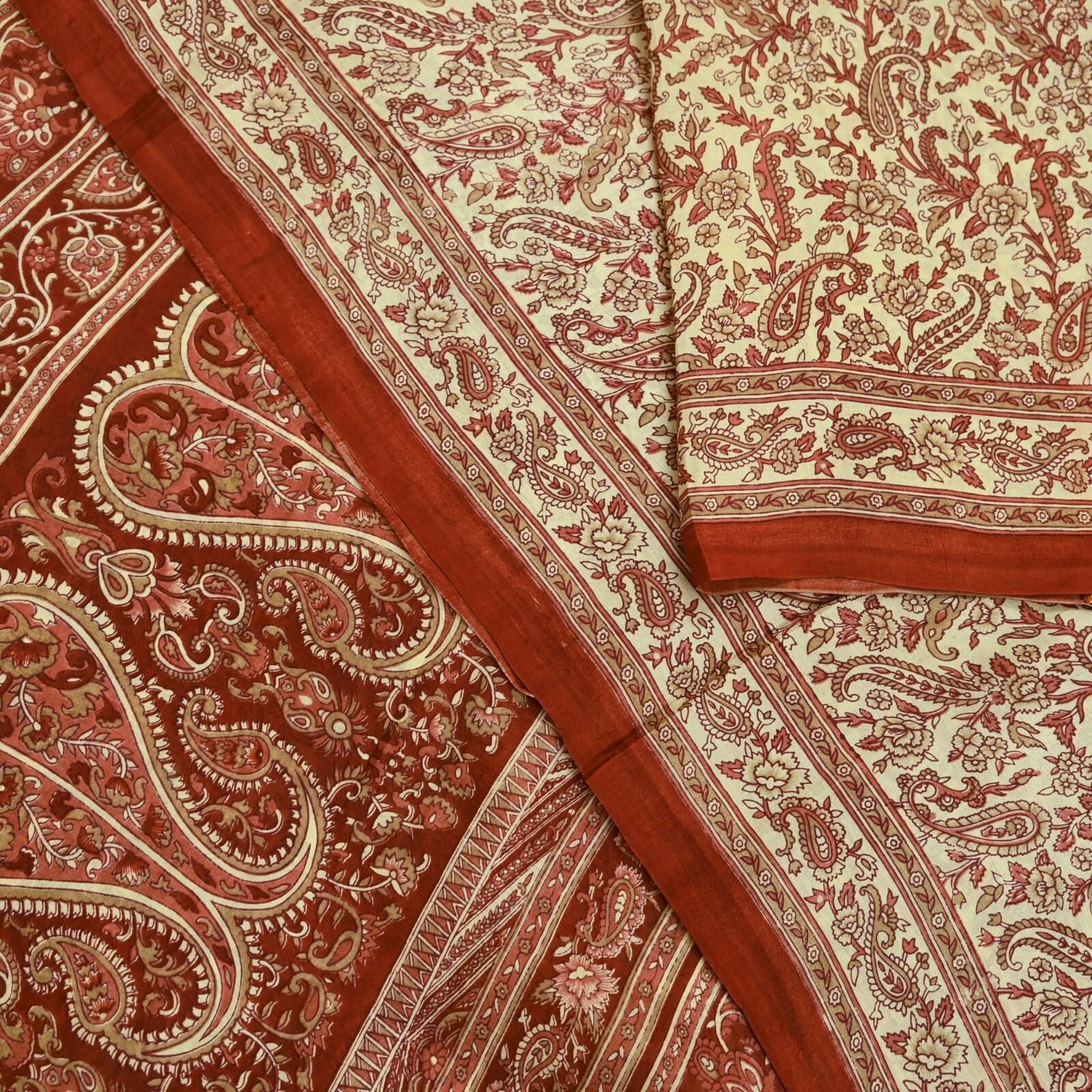 Indian Vintage Sari Brown & Ivory Pure Silk Printed Sarees Craft Fabric 6yd