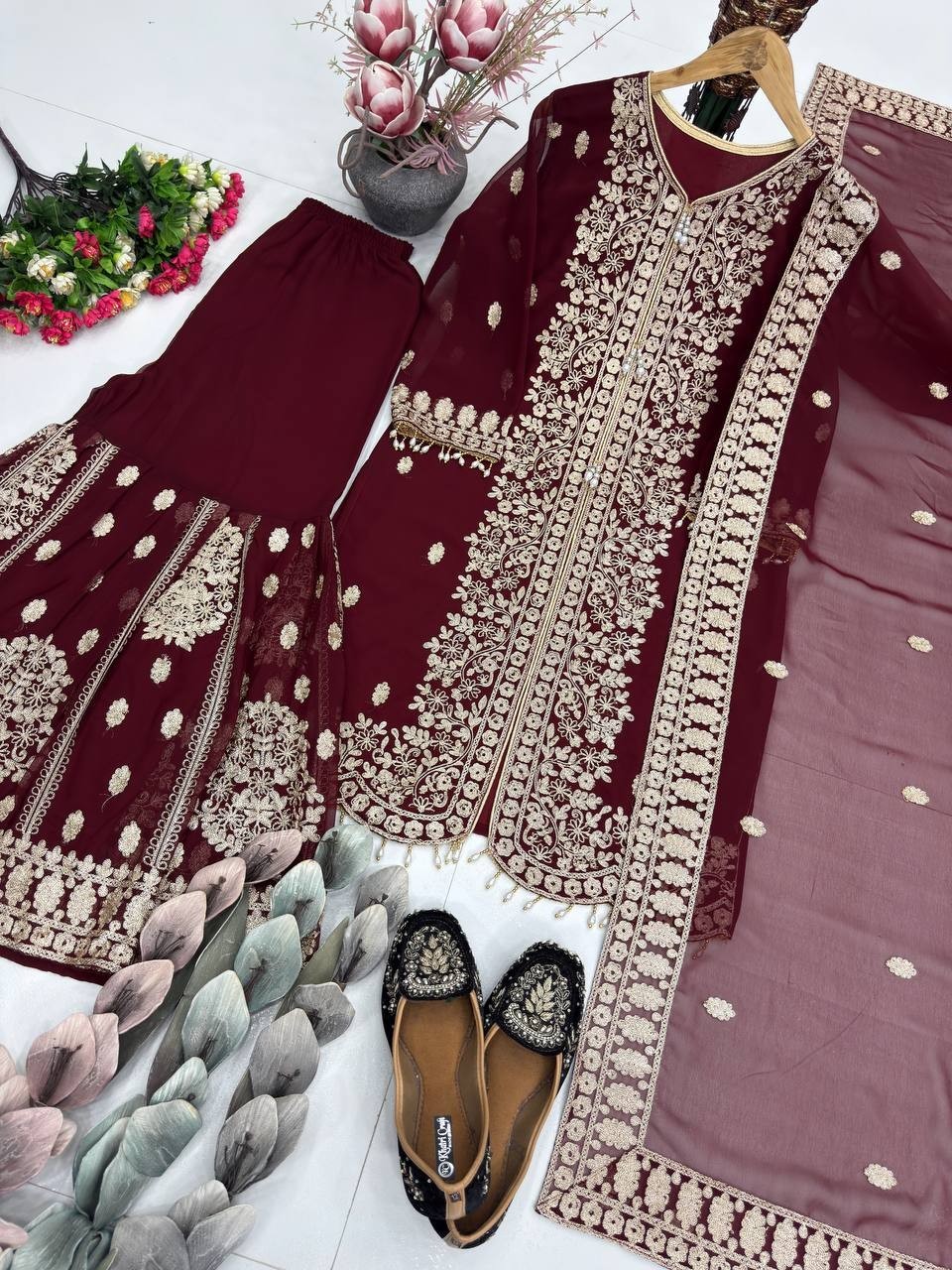 Indian Style Red Vichitra Silk Saree With Blouse For Wedding & Party