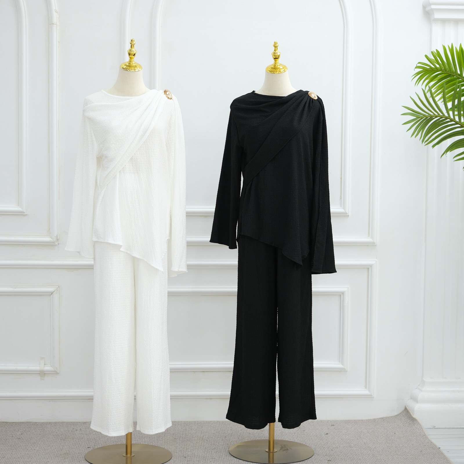Arab Clothing Solid Color Cardigan Pants 2Pc Muslim Buckle Long Sleeves Suit Set