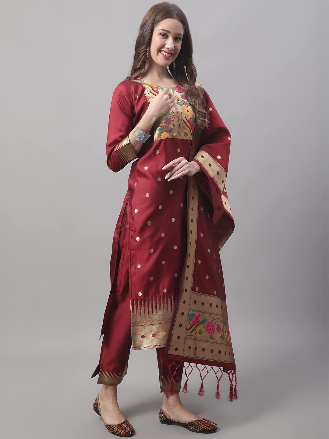 Women’s Cotton Silk Jacquard Straight Kurta with Pant & Banarasi Silk Dupatta