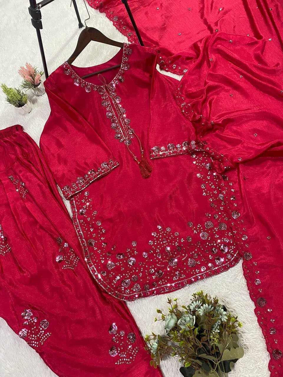 Beautiful Chinon Silk Pink Salwar Kameez With Dupatta For Indian Functional Wear