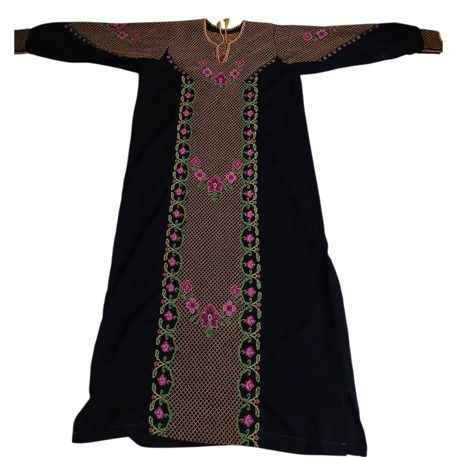 Antique Embroidered Black Thobe 35+ Yrs Gold Mesh Floral Traditional Dress