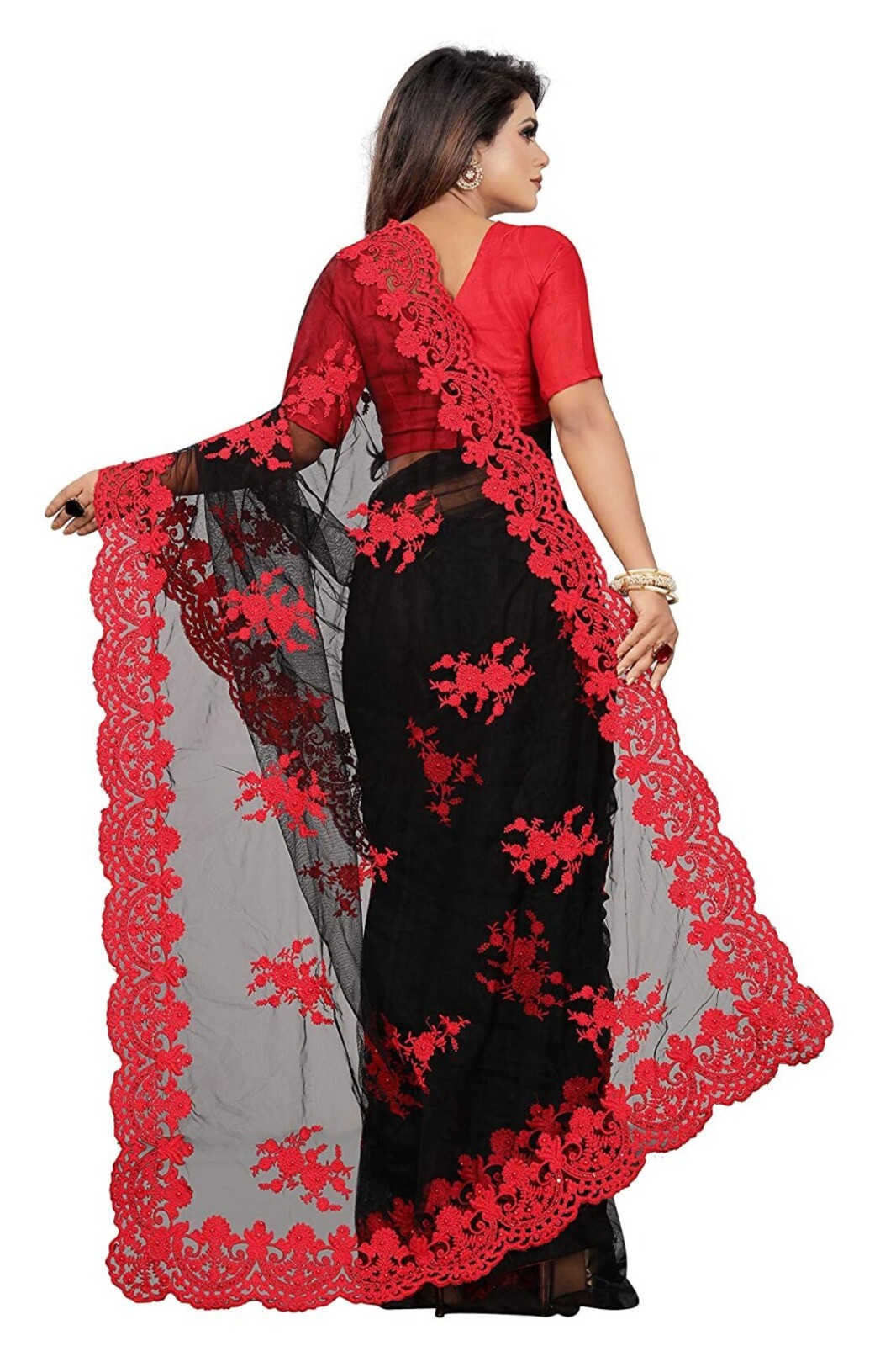 Women’s Embroidered Work Net Saree With Unstitch Blouse Piece.