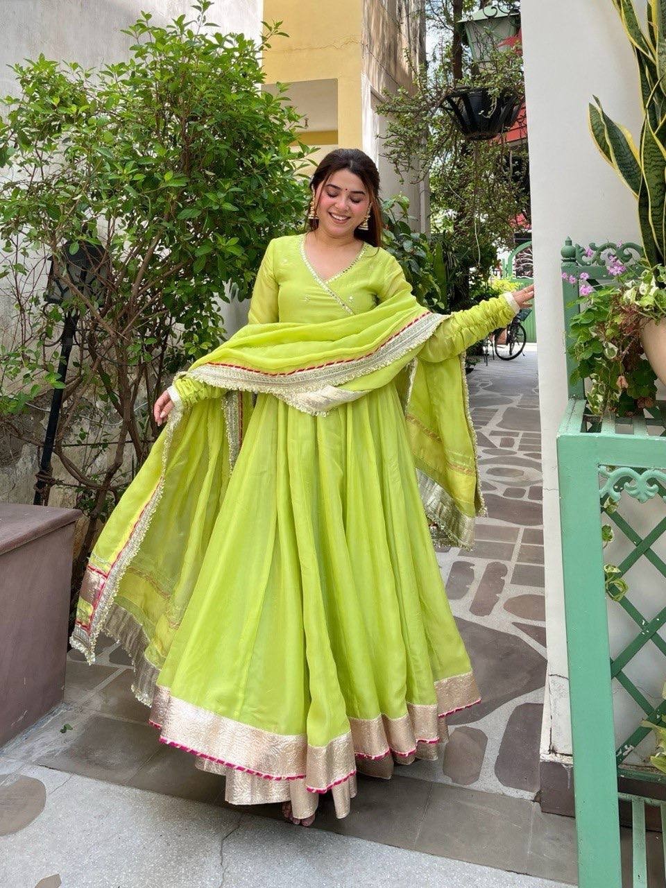 New Tabby Organza Silk Parrot Green Top Lehenga With Dupatta For Ethnic Wear