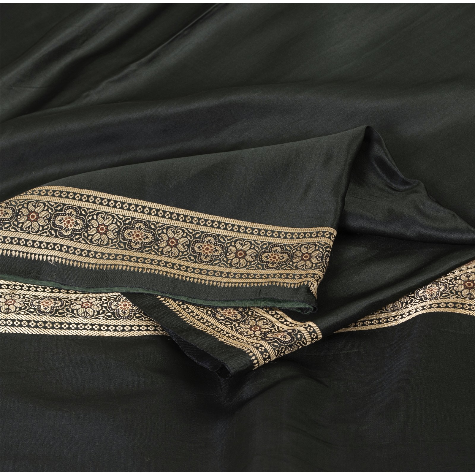 Sanskriti Vintage Sarees Black Banarasi Brocade Woven Pure Satin Sari 5+Ydfabric
