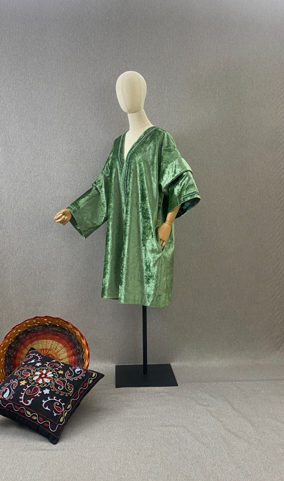 Vintage Silk Velvet Jacket Uzbek Ikat Lined Kimono OOAK Handmade Coat Pockets