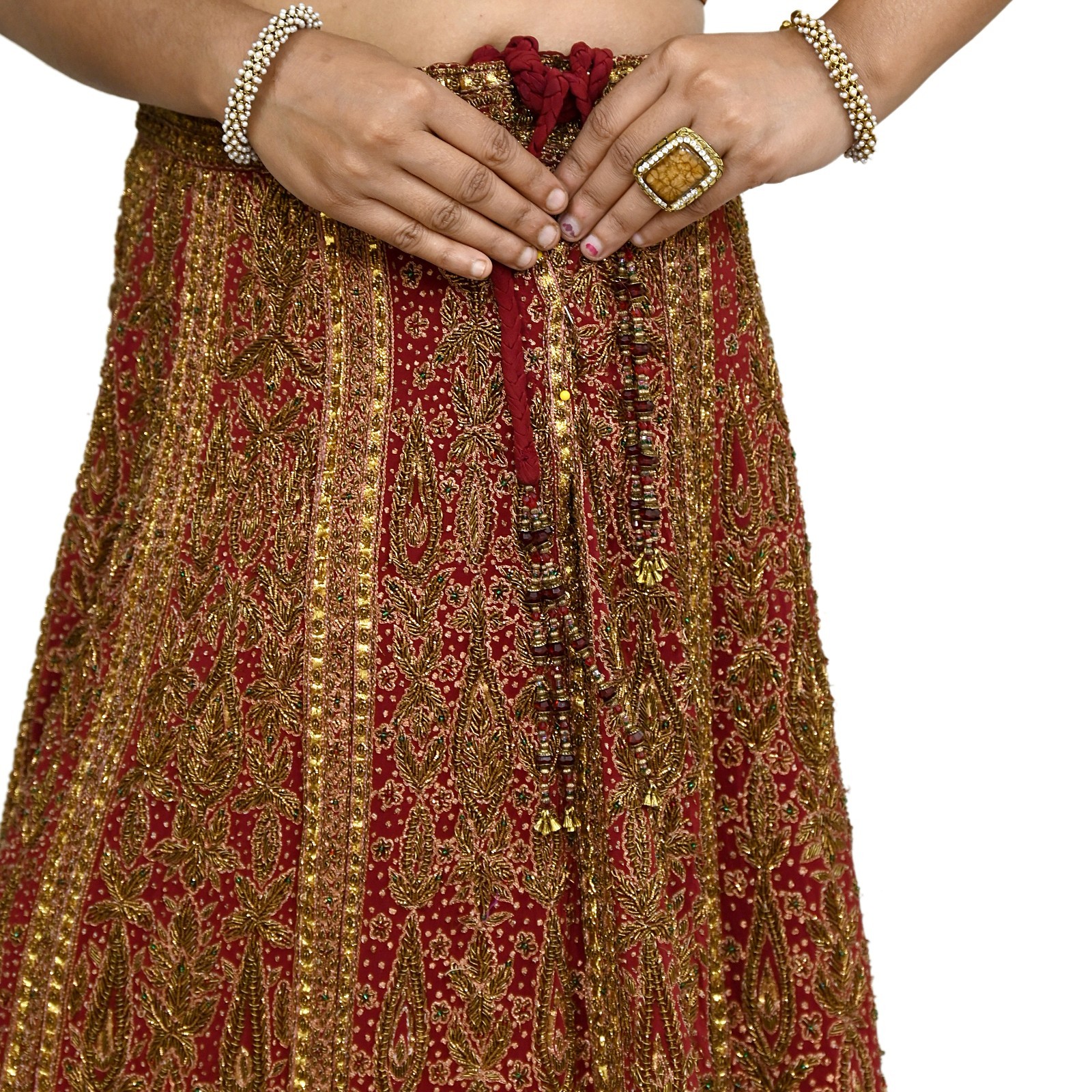 Pre-owned Maroon Pure Silk Hand Embroidered Ritu Kumar Designer Lehenga 3pcs set