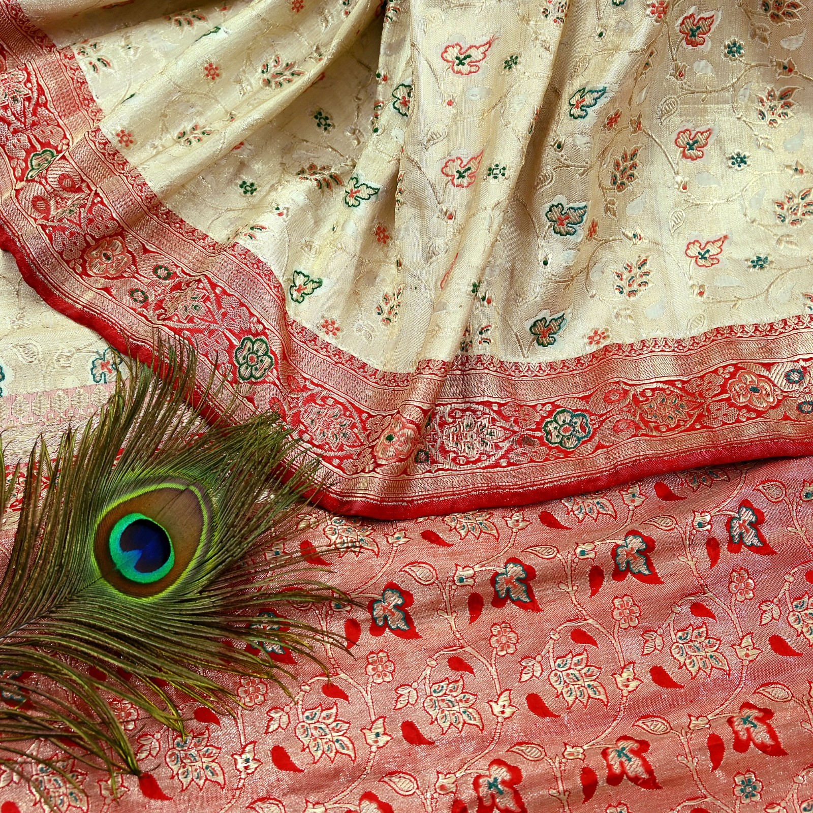 Indian Antique Vintage Heavy Sari Red & White Pure Satin Silk Hand Woven Saree