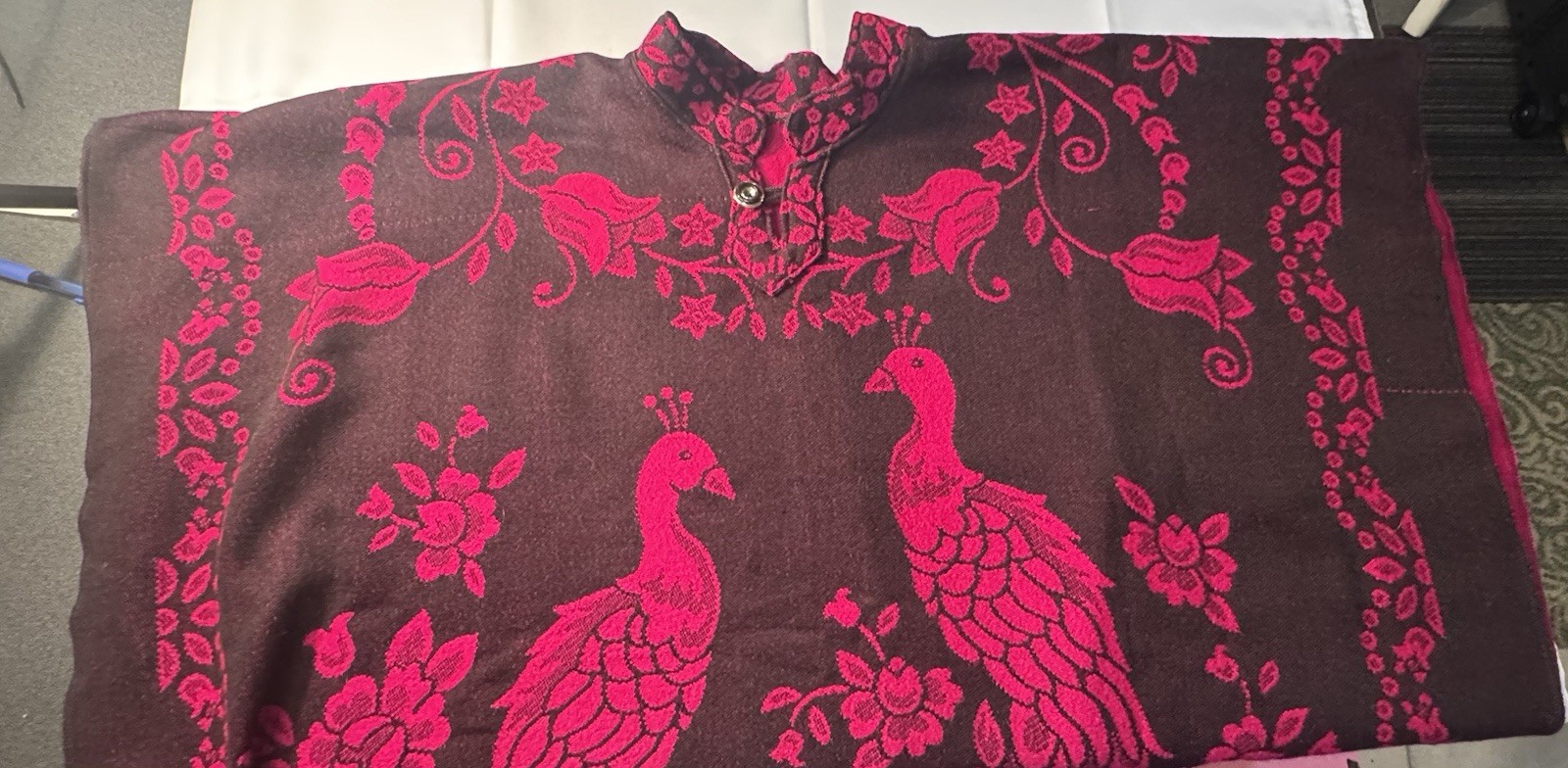 Mexican Pink Black Poncho Cape Peacock Tassels Cos Vtg