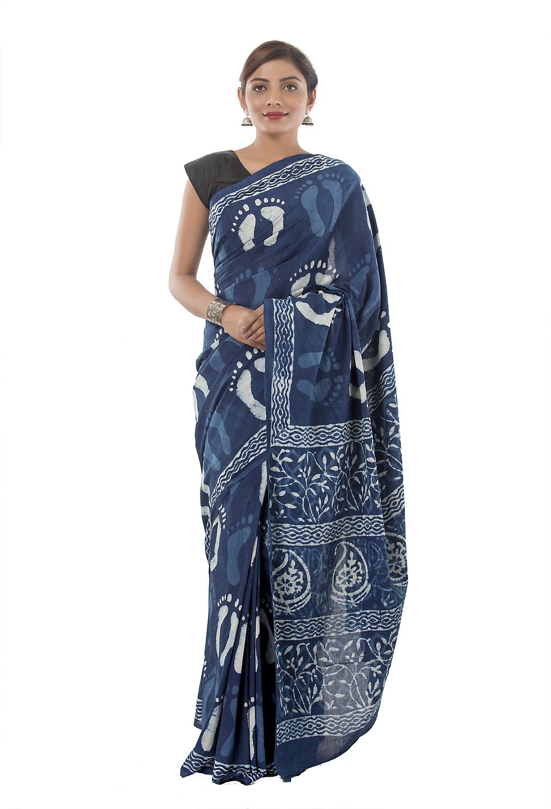 Indigo Blue Women’s Cotton Saree Hand Block Foot Printed Traditional Indian Sari