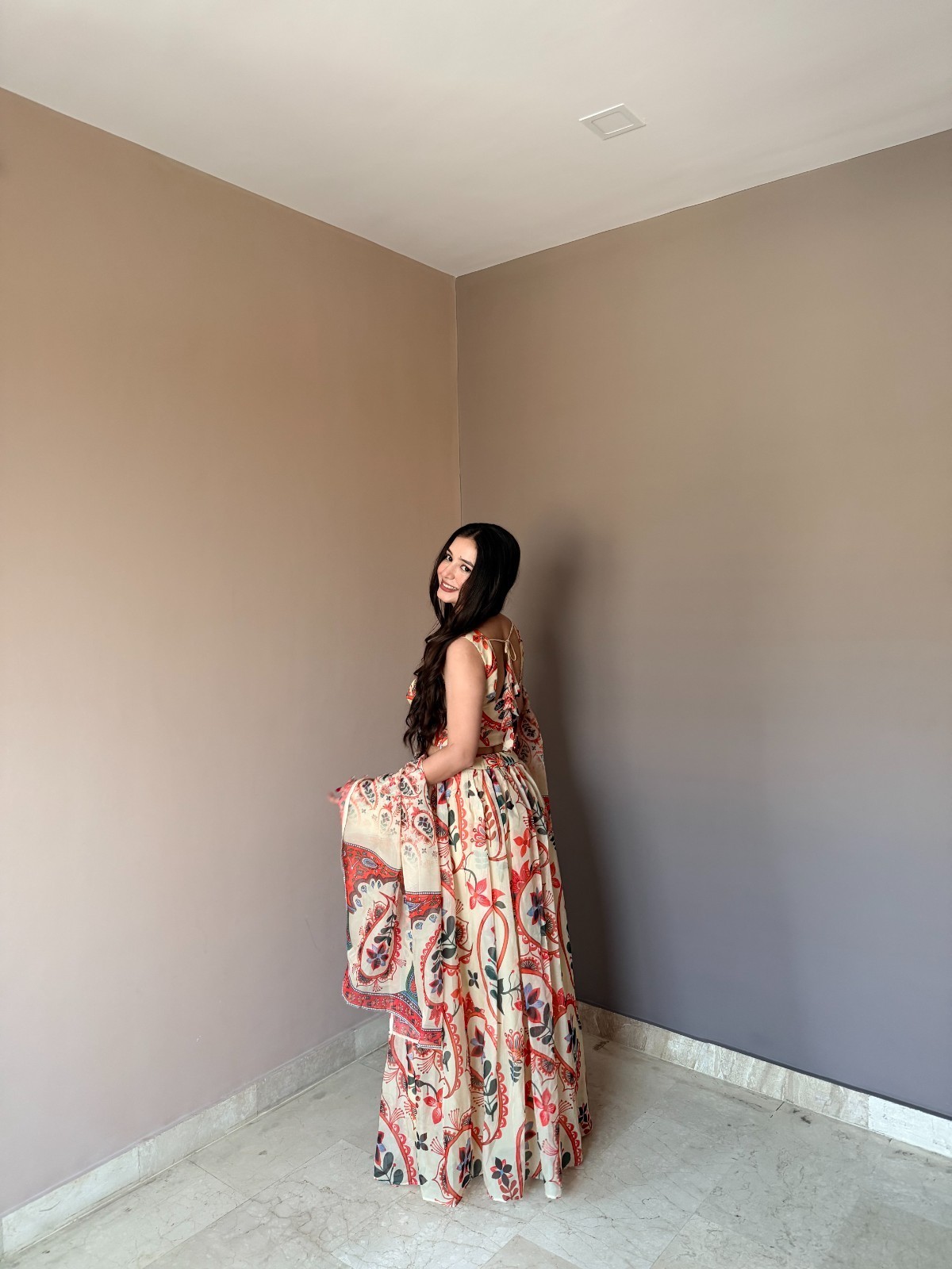 Pure Organza Floral Printed Lehenga Choli Set Intricate Hand Work Sleeveless
