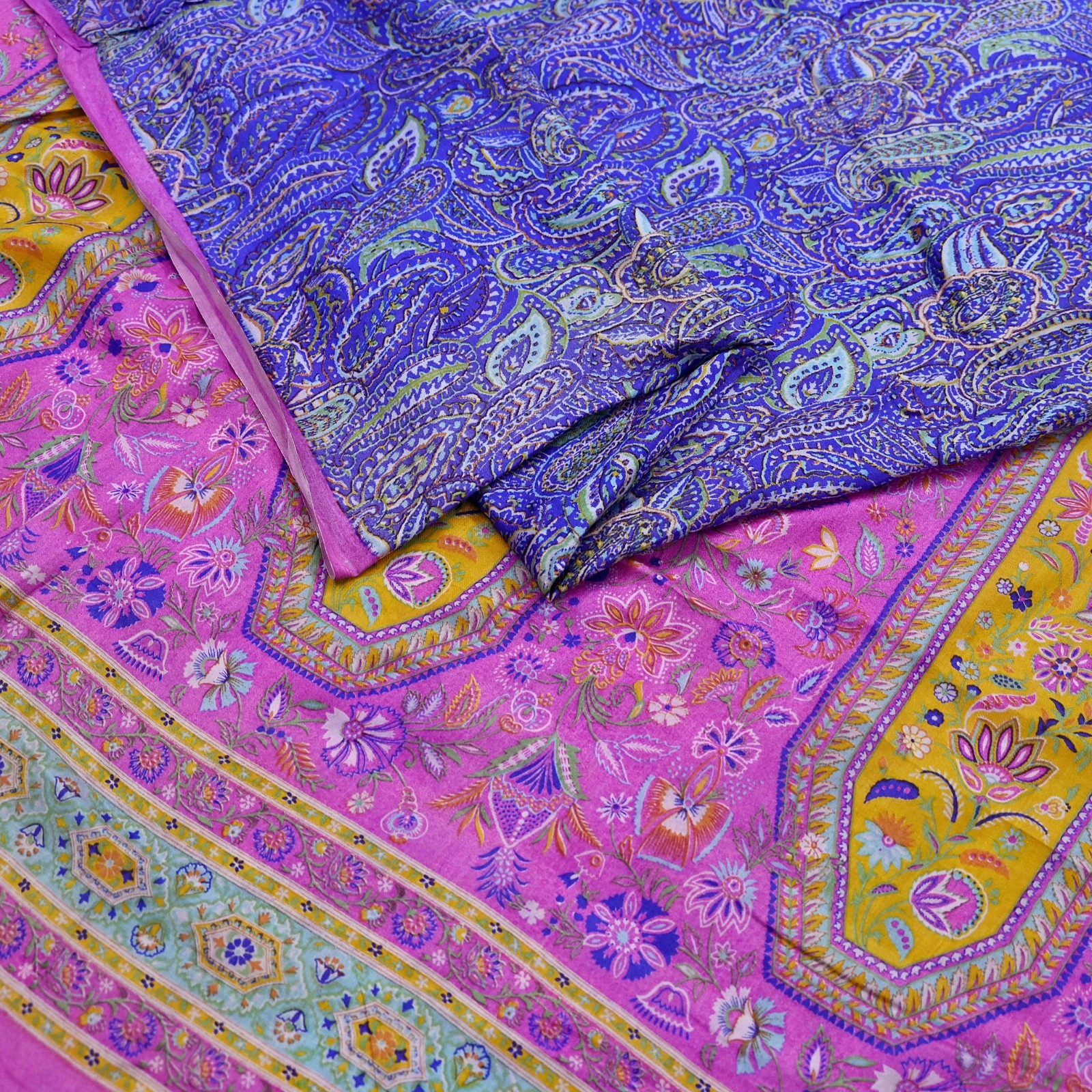 Vintage Sari Purple & Pink Pure Silk Printed Sarees Craft Fabric 5yd Sewing Soft