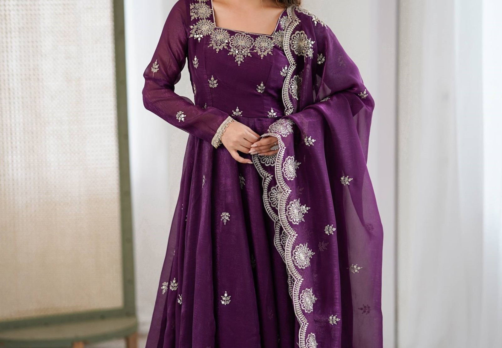 Traditional Wear Crunchy Silk Purple Gown Bottom With Dupatta For Women & Girls