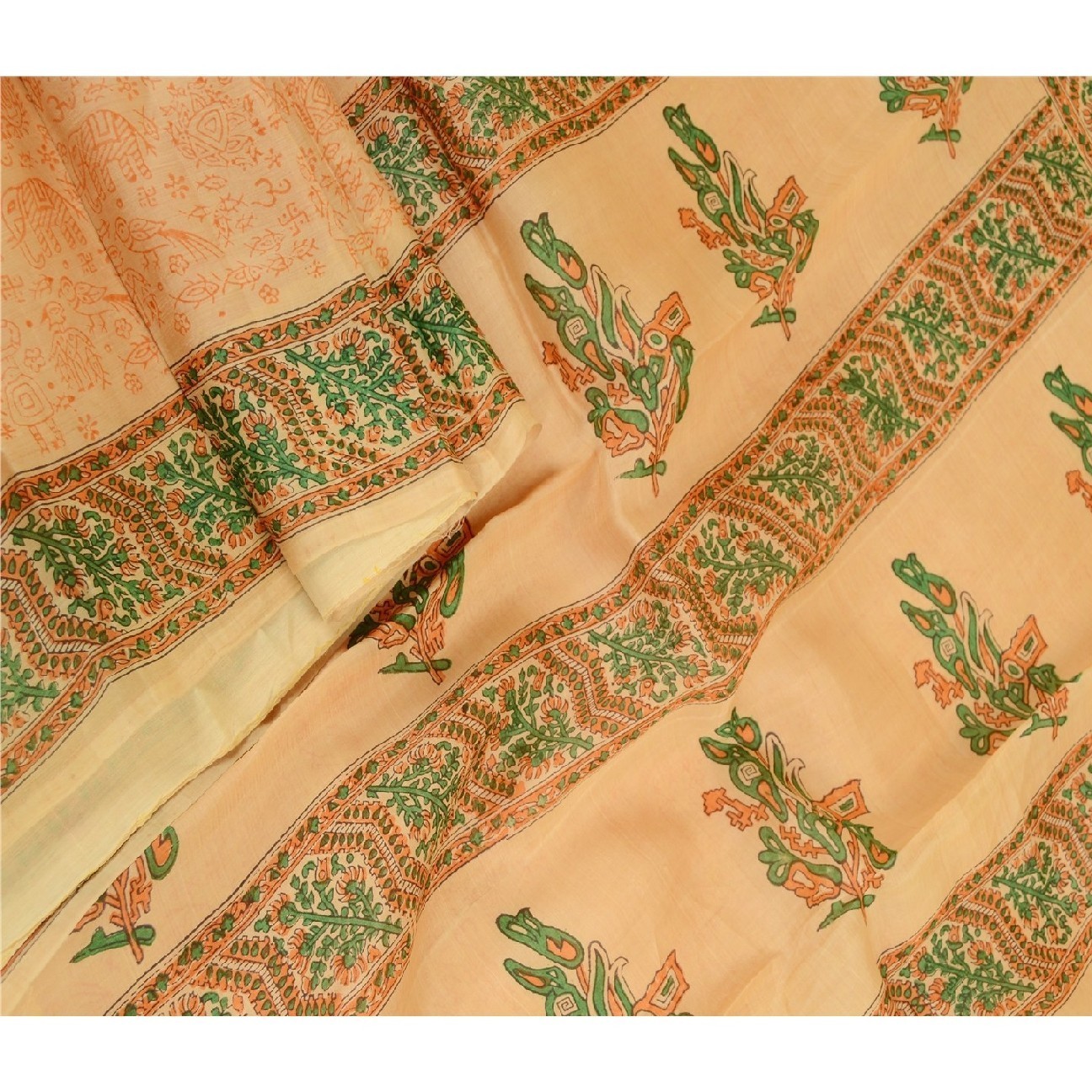 Sanskriti Vintage Sarees Beige Animal Swastik Printed Pure Silk 5+Yd Craft Sari