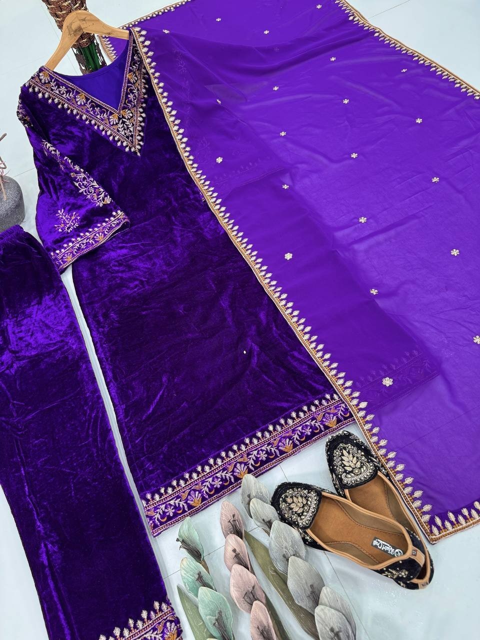 Heavy Viscose Velvet Purple Salwar Kameez With Dupatta For Party Wear