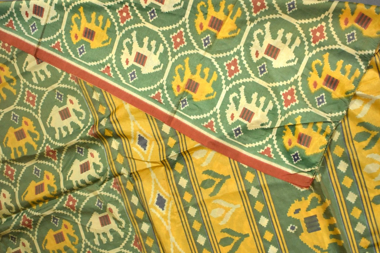 FNC Vintage Green Sambalpuri Ikat Sarees Handwoven Art Silk Sari Fabric Antique