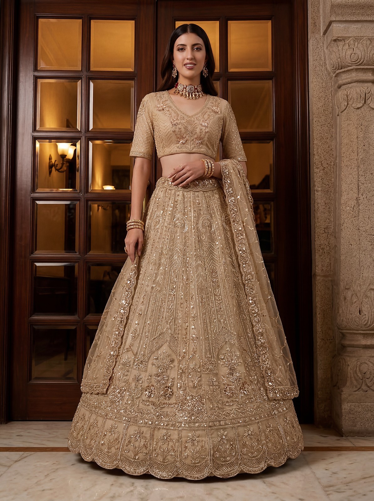 Designer Net Lehenga Choli Hand Beads Zari Embroidery Festive Ethnic Wear
