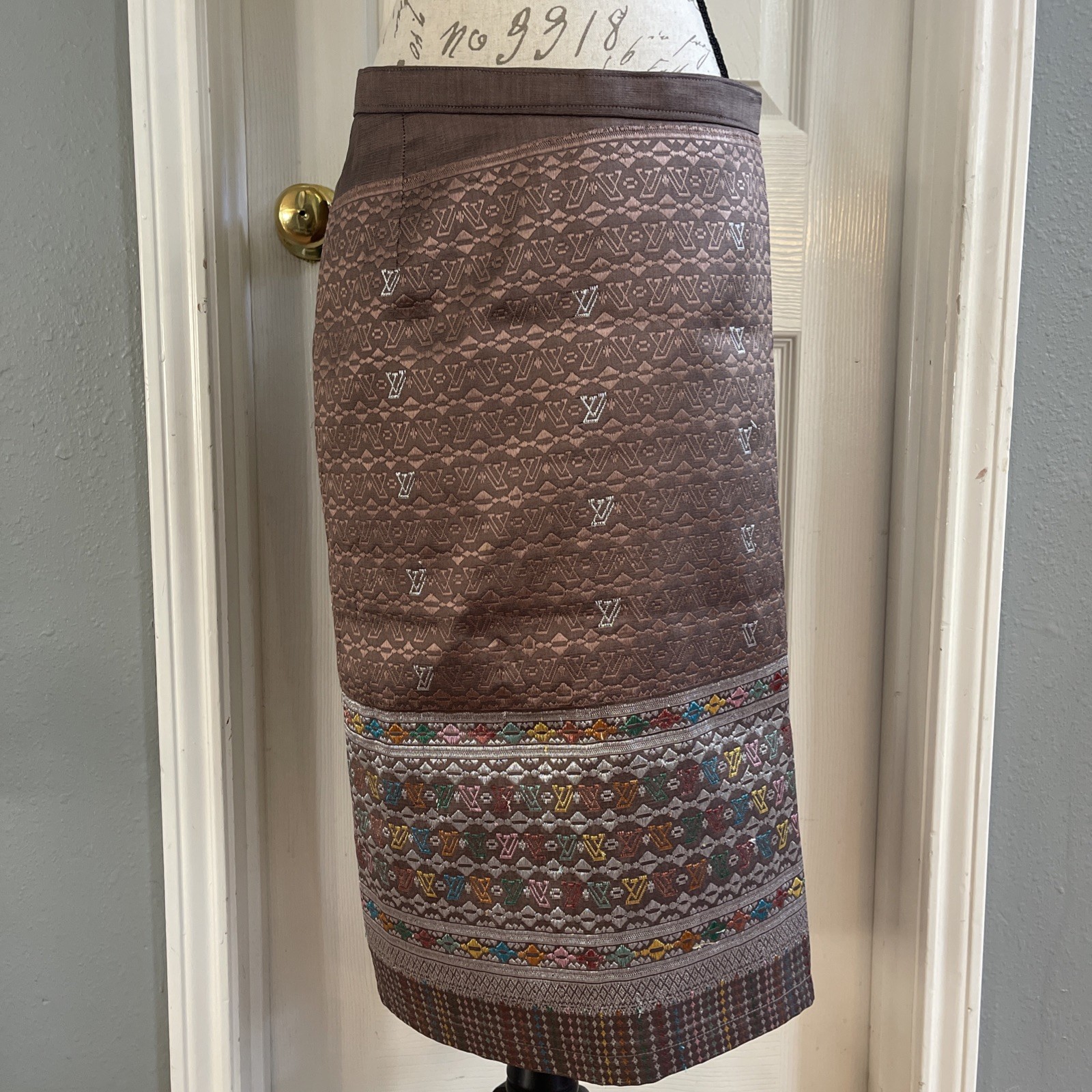 Lao Thai Khmer Traditional Skirt adjustable waist brown multicolor