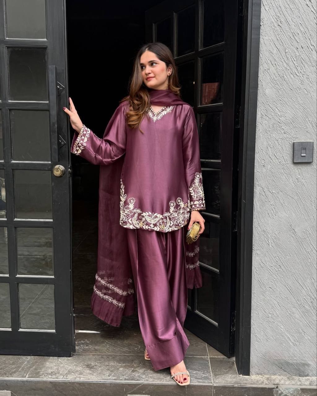 Stunning Look Natural Crep Silk Wine Top Bottom With Dupatta For Party Wear