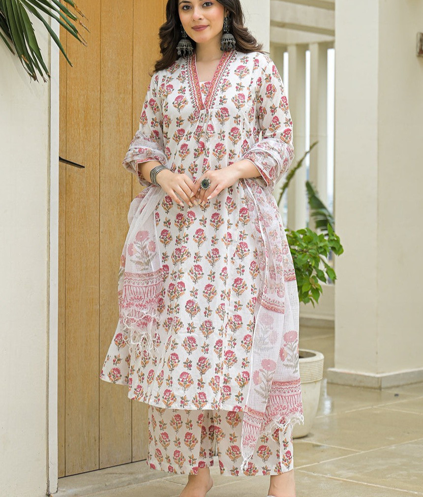 White Cotton Hand Block A-Line Kurta Pant Set with Dupatta Plus Size XS-7XL