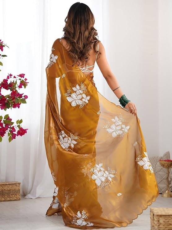 Women’s Shimmer Organza Sequence Embroidery Saree With Unstitched Blouse Piece