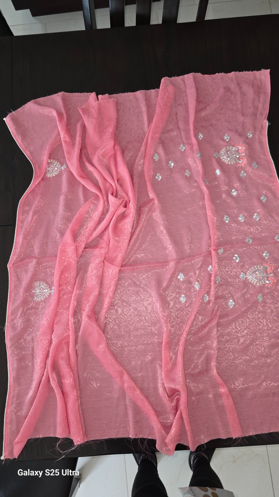 Elegant Pink & Silver Embroidered Chiffon Saree with Blouse Pieces ✨