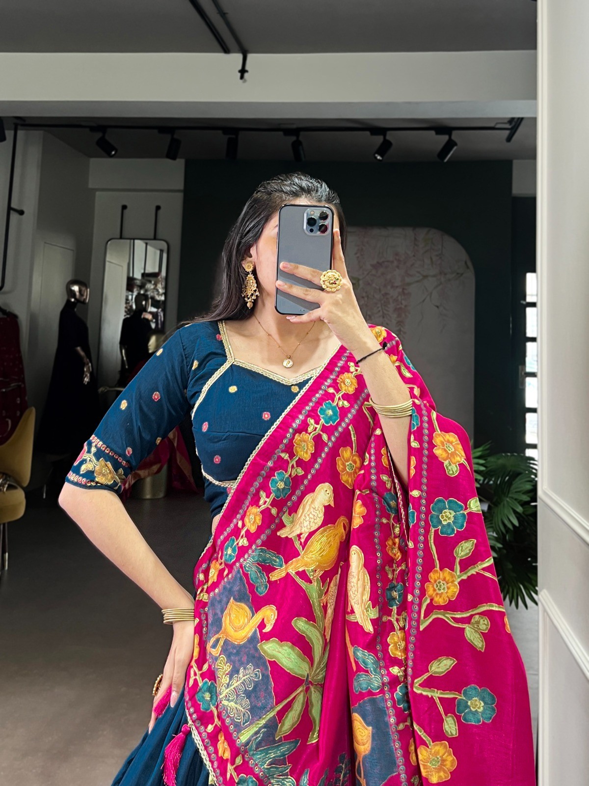Indian Traditional Tasar Silk Lehenga Choli Foil Print Cultural Outfit For Women