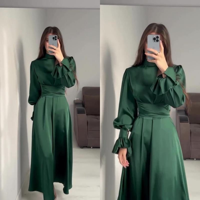 Women Long Dress Lantern Sleeves High Neck Party Plain Color Gown Lace Up Dress