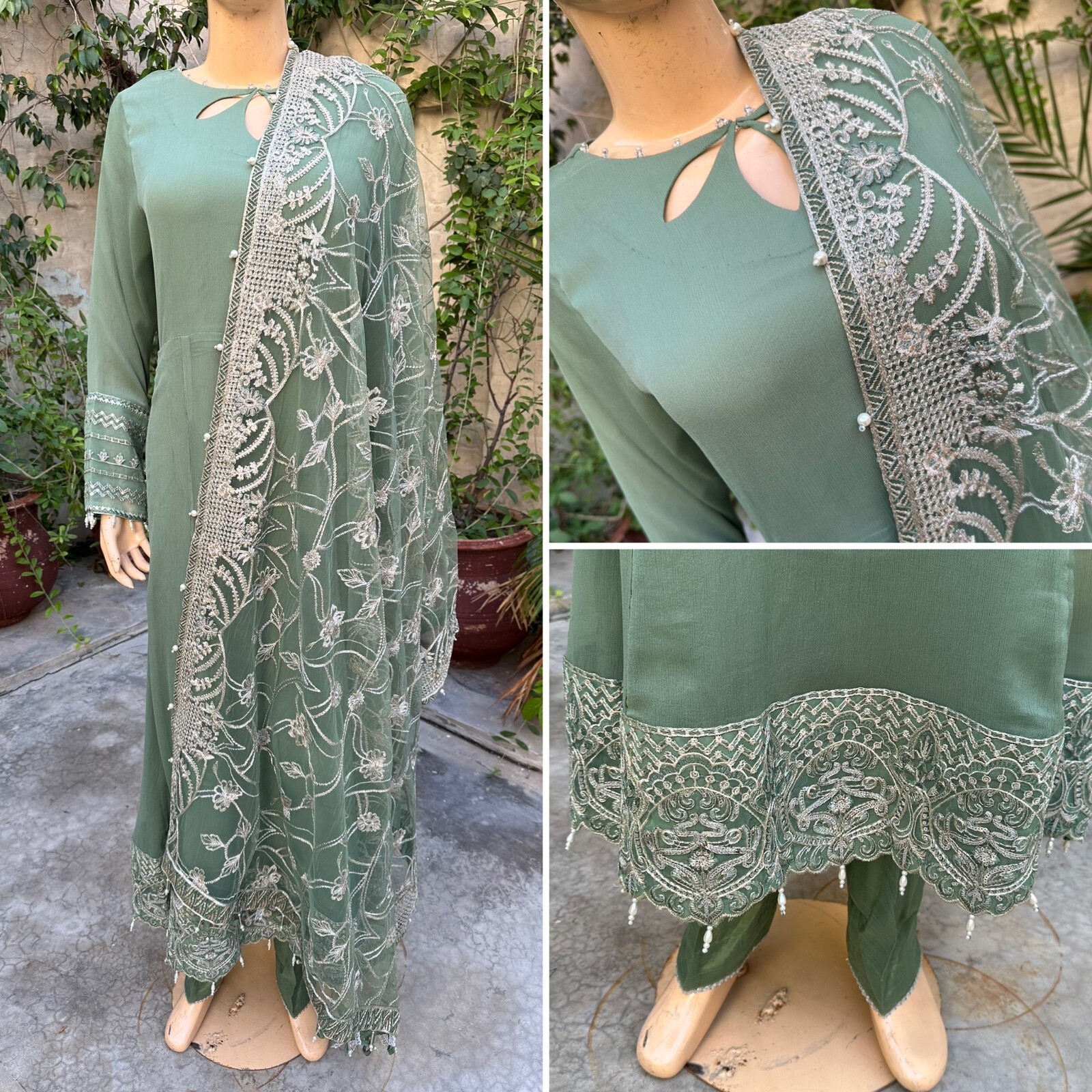 Pakistani Sage Green Long Style Embroidered Sequins fancy Chiffon Dress,L