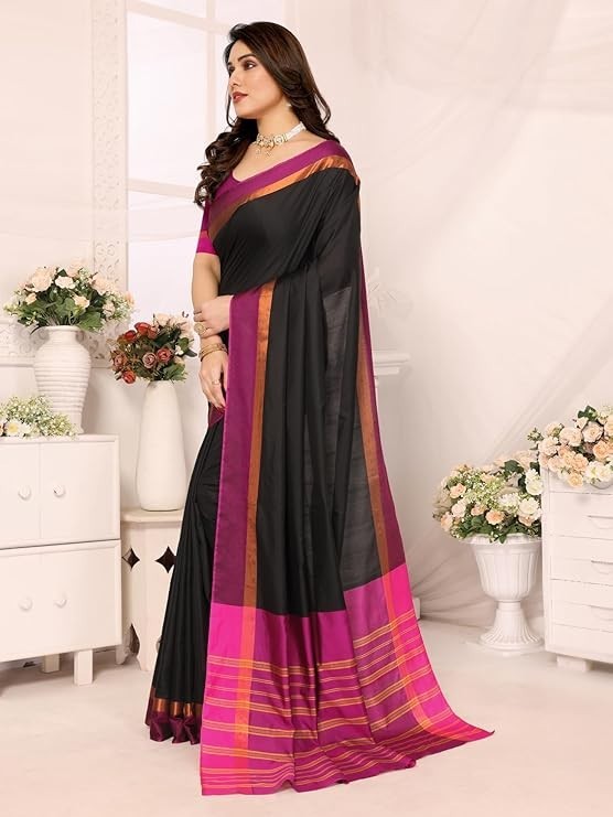 Women’s Striped Pattern Cotton Silk Saree and Unstitched Blouse Piece