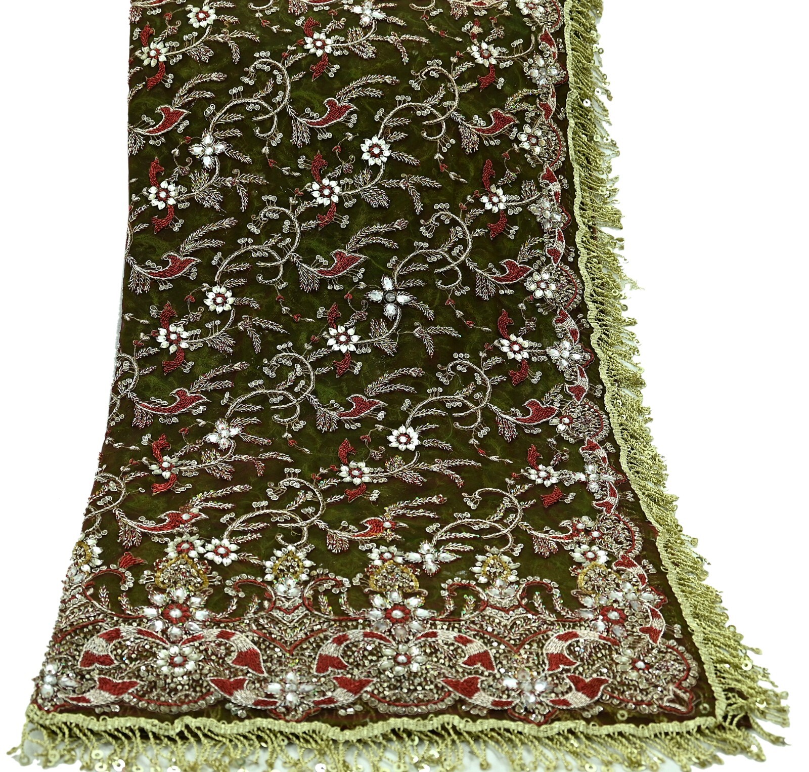 Vintage Heavy Green & Maroon Dupatta Net Mesh Long Stole Hand Embroidered Veil