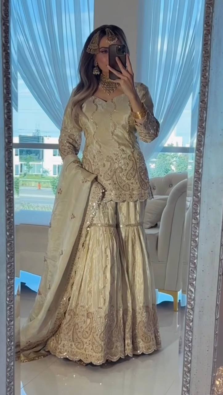 Beautiful Chinon Silk Off White Top Palazzo With Dupatta For Functional Wear