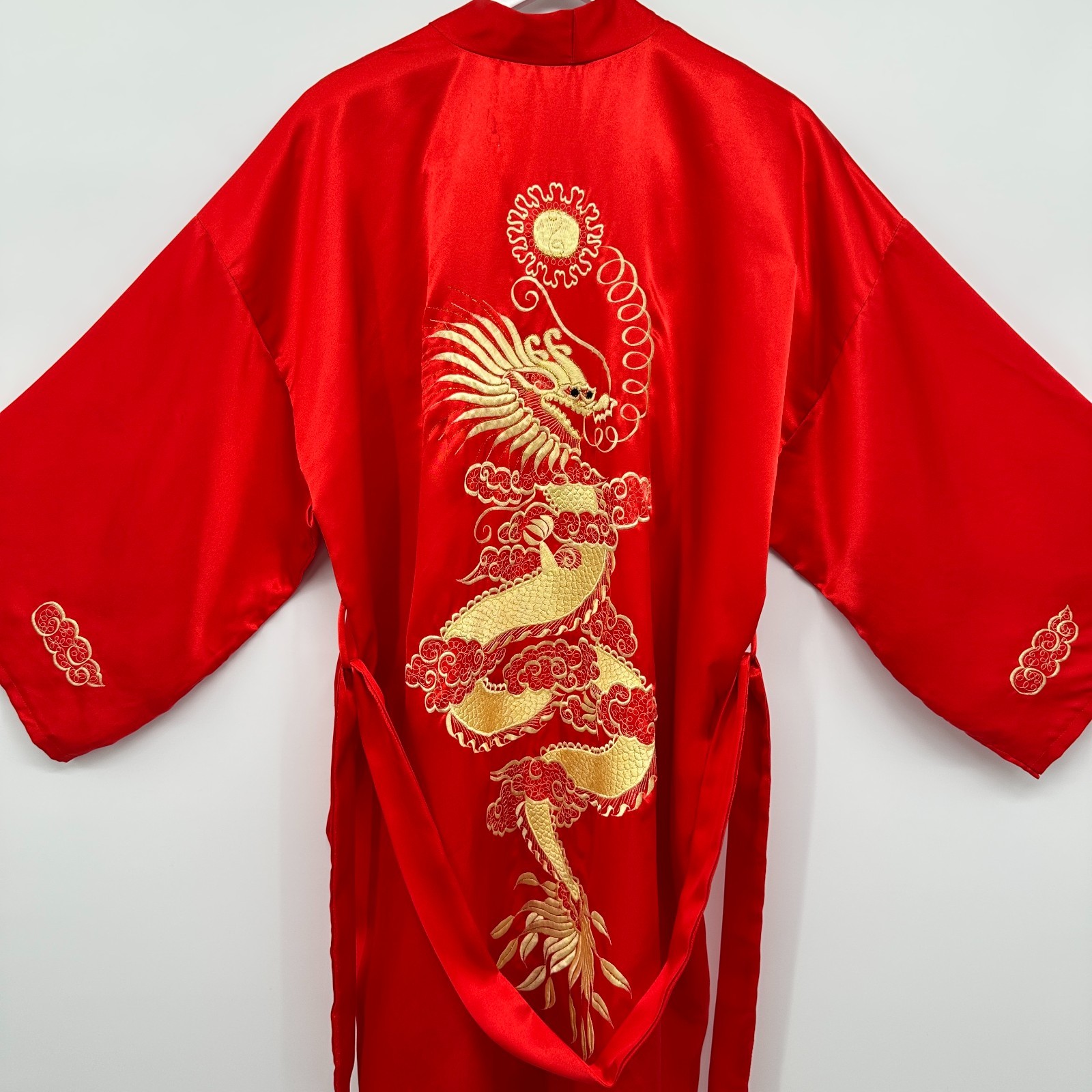 Vintage Silk Kimono Robe One Size Embroidered Dragon Silky Satin Lounge Yukata