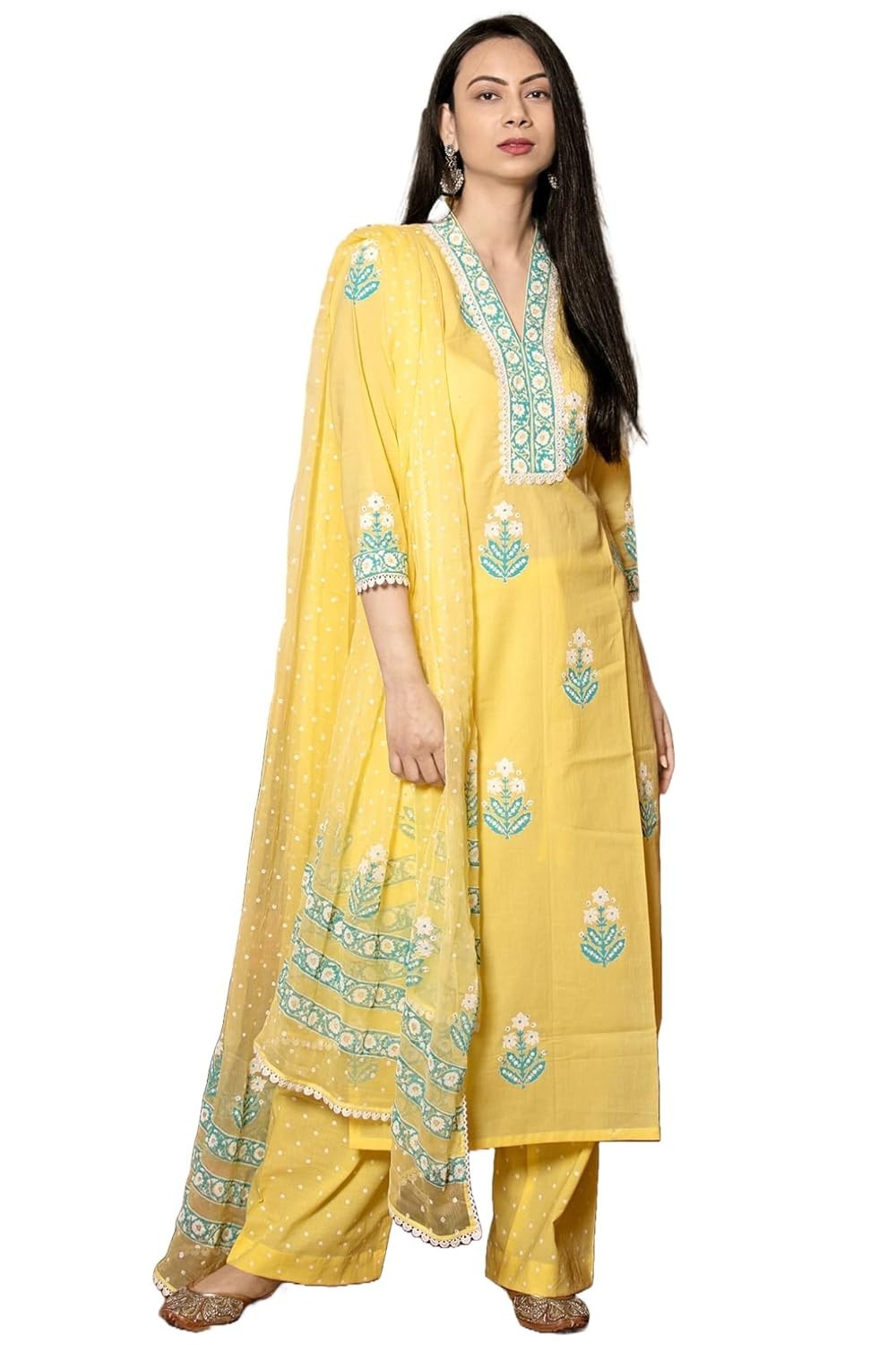 Women’s Cotton Blend Straight Hand Block Printed Kurta with Pant & Dupatta