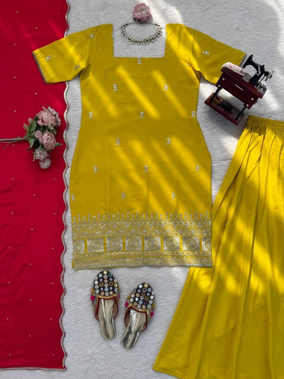 Party Wear Natural Crep Silk Yellow Top Palazzo With Dupatta For Women & Girls