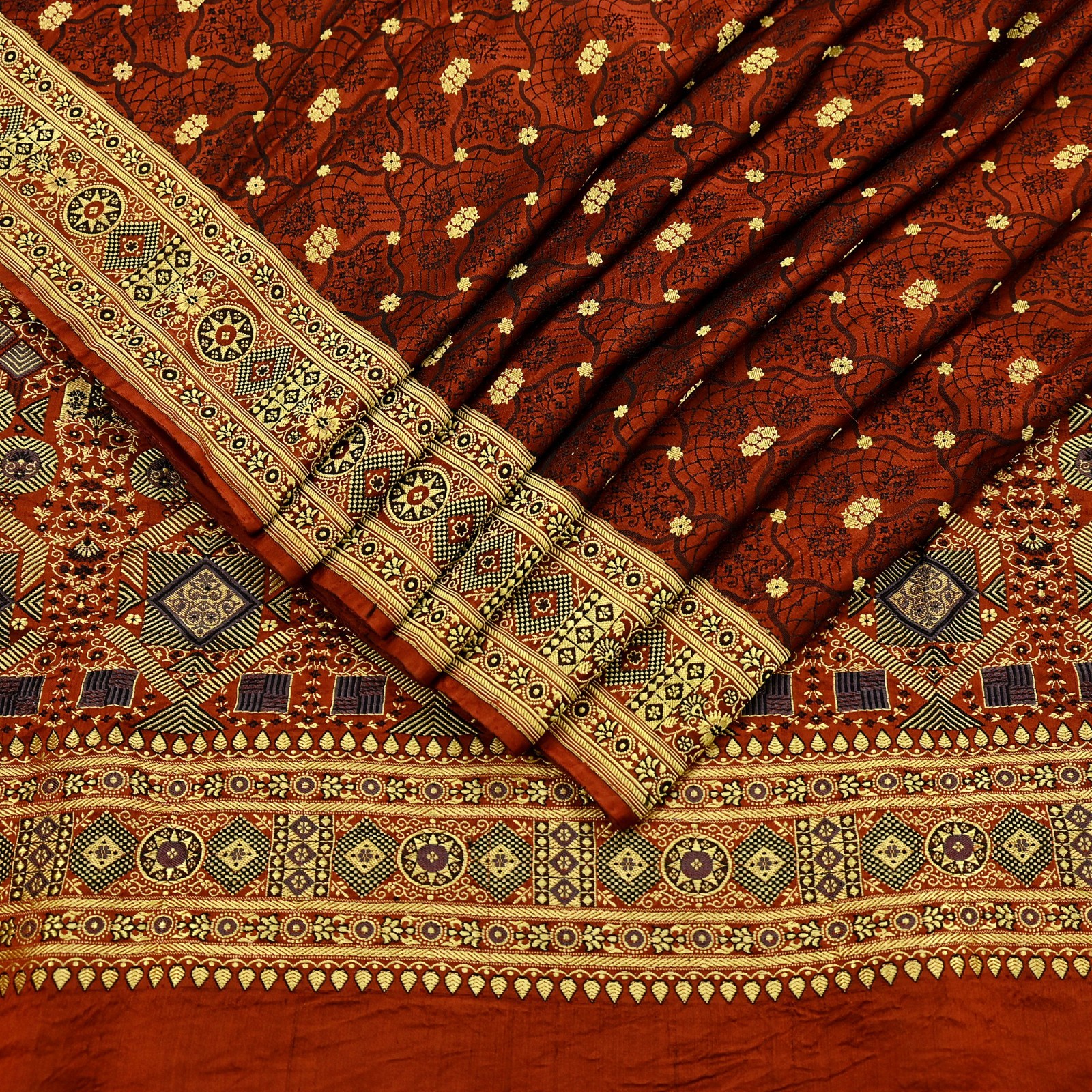 Vintage Sari Golden Brown Heavy Pure Satin Silk Hand Woven Tanchoi Sarees Ethnic