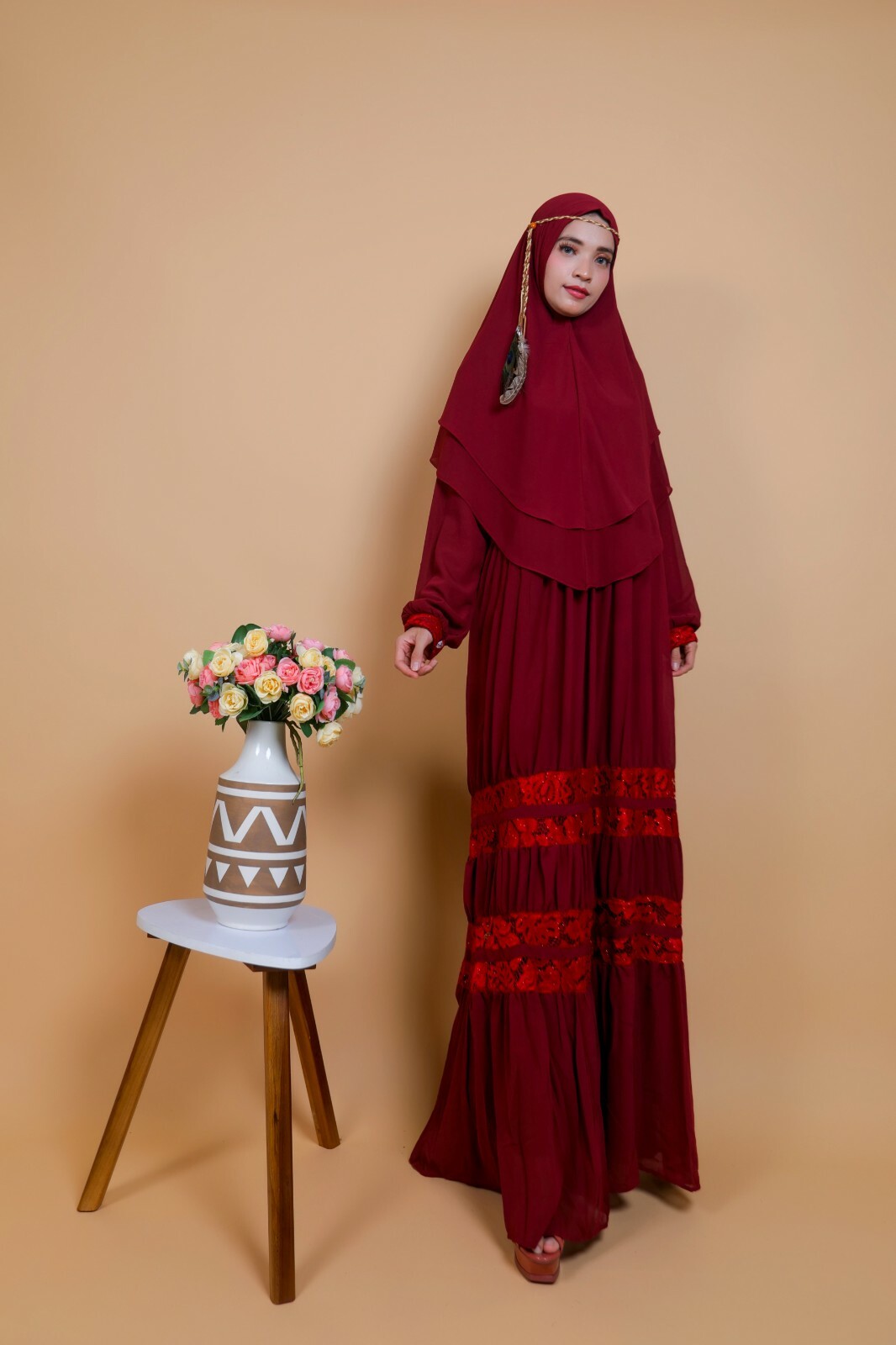 Elegant dark red Long khimar, stylish jilbabs, franch khimar, muslim cover dress