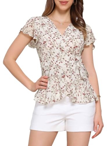 Wrap Tops for Women’s Floral Printed V Neck Slit Sleeve Tie Waist Small Beige