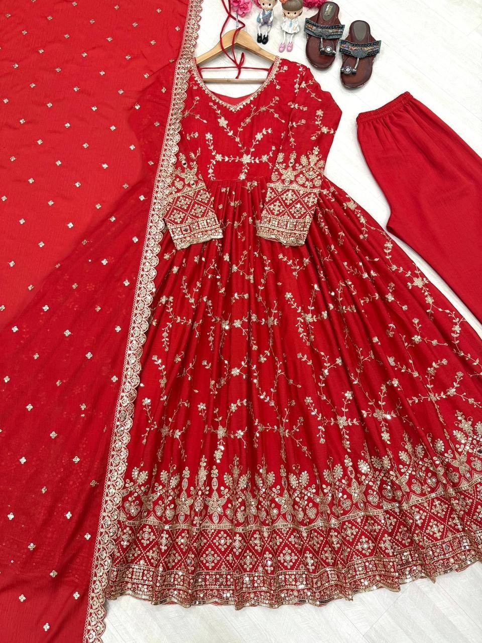 Attractive Look Chinon Silk Red Gown Bottom With Dupatta For Wedding Wear