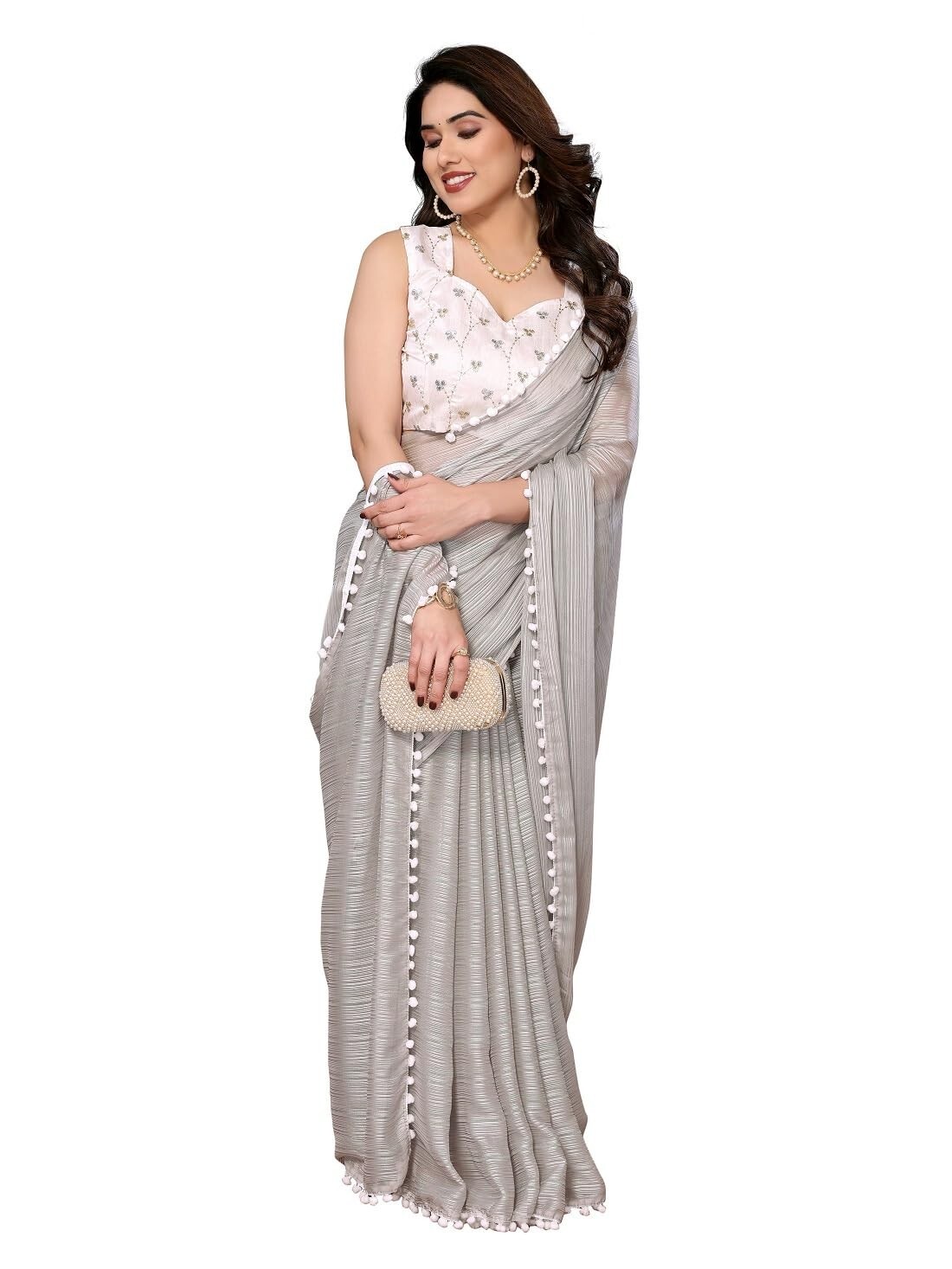 Women’s Polyester Weaving Zari Work Plain Sarees with Embroidery Work Blouse